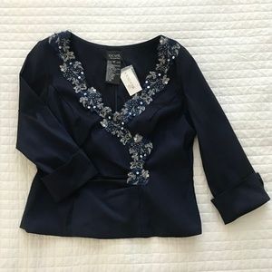 NWT Xscape Formal Navy Blouse with Embroidery